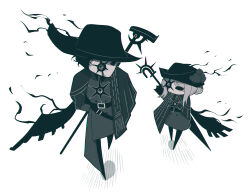  1boy 1girl absurdres arms_behind_back black_cape black_coat black_hat cane cape coat commentary_request faust_(project_moon) flower hat hat_flower highres hollow_(e.g.o) hollow_knight korean_commentary limbus_company meursault_(project_moon) misg1111 name_connection project_moon single_wing smoke umbrella walking white_hair wings 