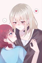  2girls black_choker black_sweater blue_shirt blush choker closed_mouth commentary earclip girls_band_cry grey_eyes grey_hair heart highres iseri_nina kawaragi_momoka looking_at_another multiple_girls red_hair shirt short_twintails spoken_heart spoken_sweatdrop sweatdrop sweater twintails whwhgl yuri 