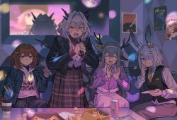  4girls absurdres alina_(arknights) animal_ear_fluff animal_ears antlers arknights belt black_jacket black_pants black_vest blue_jacket blunt_ends blush breasts brown_eyes brown_hair brown_pants brown_shirt brown_skirt closed_eyes closed_mouth collared_shirt commentary_request crownslayer_(arknights) deer_antlers deer_ears deer_girl disco_ball dopperu_ben double-parted_bangs dragon_girl dragon_horns dragon_tail food frilled_hairband frills frostnova_(arknights) grey_eyes grey_hair hair_between_eyes hair_intakes hair_ornament hair_over_one_eye hairband hairclip hand_to_own_mouth hands_up headband highres holding holding_microphone holding_plate horns hyena_ears hyena_girl hyena_tail indoors instrument jacket karaoke lapels long_hair long_skirt long_sleeves maracas medium_hair microphone mirror multiple_girls necktie notched_lapels one_eye_covered open_clothes open_jacket open_mouth pants parted_bangs plaid_clothes plaid_skirt plate purple_jacket rabbit_ears rabbit_girl shirt singing skirt small_breasts sweatdrop tail talulah_(arknights) vest waistcoat wavy_hair white_hair white_headband white_shirt white_skirt white_vest yellow_necktie 