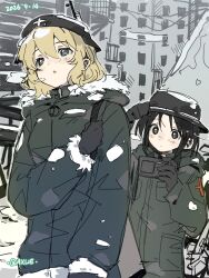  2girls artist_name axue0w0 balcony black_eyes black_gloves blonde_hair blue_eyes breath brodie_helmet camera chito_(shoujo_shuumatsu_ryokou) city coat combat_helmet commentary cross dated fog fur-trimmed_coat fur-trimmed_hood fur_trim gloves gun_sling helmet highres holding holding_camera hood hood_down light_blush low_twintails medium_hair military_uniform multiple_girls over_shoulder pocket red_cross shoujo_shuumatsu_ryokou snow stahlhelm twintails weapon weapon_over_shoulder yuuri_(shoujo_shuumatsu_ryokou) zipper_pull_tab 