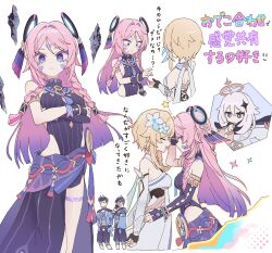  2boys 3girls absurdres backless_outfit bare_shoulders blonde_hair blue_eyes blush breasts citlali_(genshin_impact) clothing_cutout commentary_request dress facial_mark feathers floating_headgear flower genshin_impact glove_cutout hair_flower hair_intakes hair_ornament headgear highres leotard long_hair looking_at_viewer lumine_(genshin_impact) multiple_boys multiple_girls origami_gyokuo paimon_(genshin_impact) pink_feathers pink_hair pink_pupils short_hair_with_long_locks thigh_marking triangle triangle_facial_mark white_dress white_hair yuri 