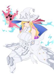 1girl absurdres bare_shoulders blonde_hair blue_eyes breasts coat commentary creature diabellze_the_original_sinkeeper duel_monster gloves hat heterochromia highres invisible_chair lanoyee looking_at_viewer multicolored_hair pants pink_eyes purple_hair shirt sitting sleeveless two-sided_fabric two-tone_hair unfinished white_background white_coat white_gloves white_pants white_shirt witch_hat yu-gi-oh! 