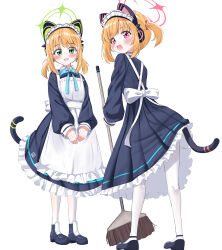  2girls :d absurdres animal_ear_headphones animal_ears apron back_bow black_dress black_shoes blonde_hair blue_archive blue_bow blue_bowtie blunt_bangs blush bow bowtie cat_ear_headphones cat_ears cat_tail commentary_request dress fake_animal_ears fake_tail frilled_apron frilled_dress frills full_body green_bow green_eyes green_halo hair_bow halo headphones highres kneepits long_dress long_sleeves looking_at_viewer looking_back low_twintails maid medium_hair midori_(blue_archive) midori_(maid)_(blue_archive) momoi_(blue_archive) momoi_(maid)_(blue_archive) multiple_girls official_alternate_costume official_alternate_hairstyle open_mouth pantyhose pink_eyes pink_halo pleated_dress puffy_long_sleeves puffy_sleeves red_bow shoes siblings simple_background sisters smile standing tail tail_raised tareme twins twintails upskirt v_arms white_apron white_background white_bow white_pantyhose yoshino_sakura_(0db5t510388113n) 