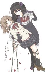 2girls akemi_homura akemi_homura_(hideout_clothes) black_hair bow brown_hair dress flower frilled_sleeves frills girl_a_(madoka_magica) gloves hair_flower hair_ornament high_side_ponytail highres long_hair long_sleeves looking_at_viewer magical_girl mahou_shoujo_madoka_magica mahou_shoujo_madoka_magica:_walpurgis_no_kaiten mitakihara_school_uniform mochi_(mamelive228) multiple_girls school_uniform side_ponytail simple_background skirt white_background