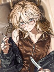  1girl bags_under_eyes black_jacket blonde_hair blue_eyes brown_nails brown_vest cigarette from_above glasses highres holding holding_cigarette holding_knife in_bathtub jacket jacket_partially_removed jewelry knife leather leather_jacket long_hair looking_at_viewer lying multiple_rings nail_polish on_back original ring semi-rimless_eyewear sigta smoke solo under-rim_eyewear upper_body vest 