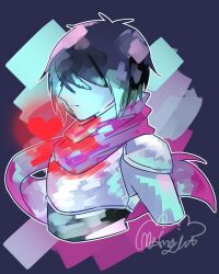  1other 2020 2d ambiguous_gender aqua_background armor artist_name blue_hair blue_skin bodysuit colored_skin commentary cropped_torso deltarune digital_media english_commentary gauntlets grey_background hair_over_eyes heart human kris_(dark_world)_(deltarune) kris_(deltarune) midnightps multicolored_background other_focus outline pink_background pink_scarf red_soul_(utdr) scarf short_hair signature solo soul_(utdr) utdr_(toby_fox) white_outline 