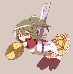  1girl anpolly black_thighhighs braid buckler closed_mouth commentary_request cowboy_shot cropped_legs green_hair grey_background hair_between_eyes hair_ornament holding holding_sword holding_weapon leaning_forward looking_at_viewer plaid_clothes plaid_skirt puffy_short_sleeves puffy_sleeves sekaiju_no_meikyuu sekaiju_no_meikyuu_4 shield short_sleeves simple_background skirt solo sword swordsman_(sekaiju_4) swordsman_4_(sekaiju_4) thigh-highs twin_braids v-shaped_eyebrows weapon yellow_eyes yellow_skirt 