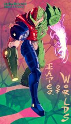  1girl absurdres arm_cannon armor blue_armor english_commentary english_text fusion glowing_arm gradient_background green_armor green_assault_visor green_background helmet highres jideocolima metroid metroid_ravenous metroid_suit multicolored_armor no_pupils normal_suit_(metroid) nuclei power_armor power_suit_(metroid) red_armor red_assault_visor red_background red_helmet samus_aran science_fiction shoulder_spikes solo spiked_armor spikes split_screen weapon white_armor 