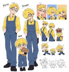  3boys :d animification black_gloves black_shoes blonde_hair blue_overalls blush bob_(despicable_me) bob_cut brown_eyes character_name chibi commentary_request crown despicable_me dress_shirt earrings expressionless frown gloves goggles green_eyes hair_over_one_eye heterochromia highres holding holding_stuffed_toy jewelry kevin_(despicable_me) looking_at_another looking_at_viewer messy_hair minion_(despicable_me) moyorieki multiple_boys multiple_views open_mouth overalls personification running shirt shoes short_hair sleeves_rolled_up smile stuart_(despicable_me) stud_earrings stuffed_animal stuffed_toy teddy_bear white_background yellow_shirt 