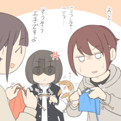 >_< 3girls :< :d ^_^ anger_vein animal black_jacket blush_stickers brown_background brown_hair brown_shirt chinatsu_(juukyuu) closed_eyes closed_mouth dog flying_sweatdrops grey_hoodie hood hood_down hoodie jacket juukyuu knitting knitting_needle letterman_jacket multiple_girls needle o_o open_clothes open_jacket original ponytail profile sae_(juukyuu) shaded_face shirt smile taiga_(juukyuu) tape tomoe_(juukyuu) two-tone_background white_background white_shirt 