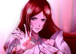  1girl bleach bleach:_sennen_kessen-hen blood blood_on_cheek blood_on_clothes blood_on_face blood_on_hand blood_on_shoulder closed_mouth collared_vest cuxmah detached_sleeves hair_ornament highres inoue_orihime inoue_orihime_(sennen_kessen-hen) long_hair looking_at_viewer orange_hair puffy_sleeves snowflake_hair_ornament solo vest white_vest 