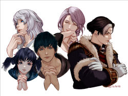  1girl begging bird_girl bird_wings black_hair black_robe blue_capelet blue_eyes blue_hair braid brown_hair capelet closed_eyes coat commentary_request emet-selch epaulettes feathered_wings final_fantasy final_fantasy_xiv fur-trimmed_coat fur_trim garlean gloves green_eyes hair_between_eyes head_wings hermes_(ff14) hood hood_down hooded_capelet hooded_robe hythlodaeus laughing long_sleeves looking_at_viewer male_focus medium_hair meteion multicolored_hair multiple_boys own_hands_clasped own_hands_together parted_lips purple_hair robe short_hair side_braid simple_background single_braid smile sophist's_robe_(ff14) themis_(ff14) third_eye toto_(to1010) two-tone_hair upper_body white_background white_capelet white_hair white_robe wings yellow_eyes 