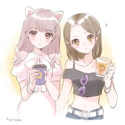  2girls ? animal_ears bang_dream! bare_shoulders bow brown_eyes brown_hair cat_ears character_request collarbone commentary crop_top cup eyewear_hang fuji_miyako_(artist) holding holding_cup long_hair looking_at_viewer medium_hair midriff multiple_girls navel pink-framed_eyewear pink_bow pink_eyes pink_hair sunglasses untranslatable_commentary unworn_eyewear upper_body 