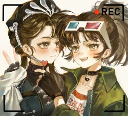  2girls 3d_glasses :d an-an_lee beret black_choker black_dress black_gloves black_hair black_hat blush cape chinstrap choker commentary dress eyewear_on_head fingerless_gloves gloves green_jacket hand_up hands_up hat highres jacket liang_yue_(reverse:1999) long_hair looking_at_another low_twintails medium_hair multiple_girls open_mouth police police_uniform policewoman ponytail recording reverse:1999 shirt side_cape smile teeth twintails upper_body upper_teeth_only v white_cape white_shirt yellow_background yellow_eyes yin_yang yuha6666 