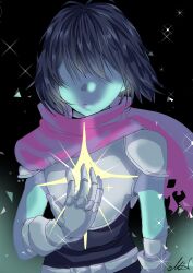  1other 2018 2d absurdres ambiguous_gender aqua_background armor belt blue_hair blue_skin bodysuit colored_skin commentary deltarune digital_media english_commentary gauntlets gradient_background grey_background grey_belt hair_over_eyes hand_up highres human kris_(dark_world)_(deltarune) kris_(deltarune) midnightps other_focus scarf short_hair signature solo sparkle two-tone_background upper_body utdr_(toby_fox) 