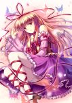  adapted_costume ankle_lace-up bad_id blonde_hair blush bow butterfly cherry_blossoms cross-laced_footwear detached_sleeves dress eien hat high_heels long_hair mary_janes no_hat no_headwear petals purple_eyes red_eyes ribbon shoes smile solo thigh-highs thighhighs touhou violet_eyes white_legwear white_thighhighs yakumo_yukari 
