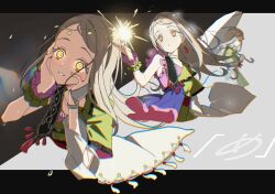  1girl absurdres blonde_hair circlet dress earrings gakuen_idolmaster hands_on_own_cheeks hands_on_own_face highres holding holding_umbrella idolmaster jewelry long_hair me_(idolmaster) multiple_views orange_eyes shinosawa_hiro smile tamago_(eva1314056) tassel tassel_earrings umbrella wide-eyed 