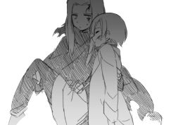 2boys anpolly blood blood_from_forehead carrying carrying_person cloak closed_eyes closed_mouth commentary_request greyscale injury lab_coat long_hair male_focus medic_(sekaiju_4) medic_3_(sekaiju_4) monochrome multiple_boys night_seeker_(sekaiju) night_seeker_1_(sekaiju) pants profile sekaiju_no_meikyuu sekaiju_no_meikyuu_4 short_hair sidelocks simple_background small_sweatdrop torn_cloak torn_clothes white_background 