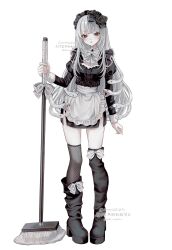  1girl absurdres apron asymmetrical_footwear black_boots black_headdress black_shirt black_skirt blush boots bow bow_flower cleavage_cutout clothing_cutout collared_shirt commentary_request fishnet_pantyhose fishnets frilled_headwear frills gothic_lolita highres juliet_sleeves lolita_fashion long_sleeves looking_at_viewer maid_apron mop original oysi_mysi pantyhose pencil_skirt puffy_sleeves red_eyes shirt simple_background skirt sleeve_cuffs slit_pupils snake_hair solo thigh_boots uneven_footwear white_background white_bow white_hair zettai_ryouiki 