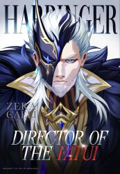  1boy aqua_gem beard black_fur black_mask blue_eyes blue_gem blue_mask coat collared_shirt commentary cover cover_page earrings english_commentary english_text facial_hair fatui_coat fur-trimmed_coat fur_trim gem genshin_impact gold_mask gold_trim gradient_background grey_background half_mask highres instagram_username jewelry magazine_cover mask multicolored_mask one_eye_covered pierro_(genshin_impact) portrait shirt short_hair_with_long_locks single_earring solo twitter_username white_background white_facial_hair white_hair white_shirt zeracaeli 