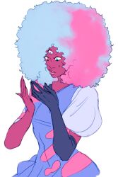  1girl afro blue_hair colored_skin cotton_candy_garnet extra_eyes garnet_(steven_universe) gem_(steven_universe) gloves happyds heterochromia kinky_hair lips multicolored_hair official_alternate_costume pink_hair puffy_short_sleeves puffy_sleeves red_eyes red_skin short_sleeves sketch solo steven_universe third_eye triclops two-tone_hair 