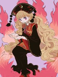  1girl artist_name aura belt black_belt black_dress black_hat blonde_hair boots bow bowtie breasts canariadraw chinese_clothes closed_mouth commentary_request crescent cupping_hands dated dress energy fingernails fire full_body hair_ornament hands_up hat headdress highres junko_(touhou) junko_day long_hair long_sleeves looking_at_viewer mandarin_collar medium_breasts neck_ribbon own_hands_together phoenix_crown phoenix_print pink_background pom_pom_(clothes) purple_background red_eyes red_tabard red_vest ribbon sash signature simple_background sitting smile solo tabard tassel touhou very_long_hair vest wavy_hair wide_sleeves yellow_bow yellow_bowtie yellow_ribbon 