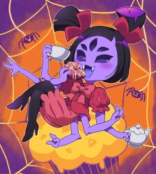  1girl 2018 2d anthro arachnid arthropod arthropod_girl black_hair black_pantyhose black_sclera blouse bow colored_sclera colored_skin cup digital_media doughnut eating extra_arms extra_eyes fangs female female_only fewer_digits food full_body gradient_background hair_bow highres holding holding_cup holding_food holding_teapot monster monster_girl muffet muffin open_mouth orange_background pantyhose pantyhose_under_shorts puffy_short_sleeves puffy_shorts puffy_sleeves purple_background purple_skin reclining red_blouse red_bow red_romper romper satokichi short_twintails shorts solo spider spider_girl spider_web teacup teapot twintails two-tone_background undertale utdr_(toby_fox) 