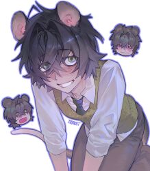  1boy animal_ears artist_name bags_under_eyes bent_over black_hair blush brown_pants chibi chibi_inset collared_shirt commentary crossed_bangs degrees_of_lewdity double-parted_bangs eyes_visible_through_hair green_eyes green_necktie green_sweater_vest hair_between_eyes hair_intakes hanstrmoft highres kemonomimi_mode kneeling kylar_(degrees_of_lewdity) kylar_(male)_(degrees_of_lewdity) male_focus mouse_boy mouse_ears mouse_tail multiple_views necktie outline pants purple_outline shirt short_hair smile sweater_vest tail untranslatable_commentary untucked_shirt white_shirt 