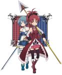 blue_hair blush boots cape eating gloves grin hasesese highres lance magical_girl mahou_shoujo_madoka_magica miki_sayaka pocky polearm ponytail red_eyes red_hair redhead sakura_kyouko short_hair smile spear sword teeth thigh-highs thighhighs weapon 