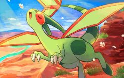  :d animal_focus chikafuji claws closed_eyes commentary_request desert dragon fang flower flygon flying full_body green_wings no_humans open_mouth outdoors pokemon pokemon_(creature) pokemon_focus red_eyes smile solo white_flower wings 