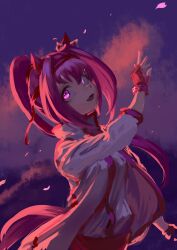  1girl animal_ears bow breasts buruma ear_bow ear_covers fingerless_gloves flower-shaped_pupils flower_in_eye gloves glowing glowing_eyes haru_urara_(bestest_prize)_(umamusume) haru_urara_(umamusume) headband highres horse_ears horse_girl horse_tail inishie_kumo jacket long_hair open_mouth petals pink_buruma pink_hair pink_headband ponytail red_buruma red_gloves red_headband shirt small_breasts smile solo symbol-shaped_pupils symbol_in_eye tail umamusume white_jacket white_shirt 