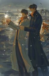  2boys black_coat black_hair black_shirt bouquet bridge coat commentary embers fireworks from_side full_body highres holding holding_behind_back holding_bouquet holding_fireworks kim_dokja male_focus multiple_boys omniscient_reader's_viewpoint open_clothes open_coat outdoors popped_collar river ruaaaa scarf shirt short_hair simple_bird sparkle sparkler untranslatable_commentary white_coat yoo_joonghyuk 