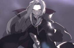  1boy anpolly black_coat cloak closed_mouth coat commentary_request curtained_hair grey_background grey_hair high_collar loincloth long_sleeves male_focus night_seeker_(sekaiju) night_seeker_1_(sekaiju) sekaiju_no_meikyuu sekaiju_no_meikyuu_4 sidelocks sketch solo split_mouth straight-on two-sided_cloak two-sided_fabric upper_body v-shaped_eyebrows 