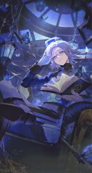  1boy adjusting_eyewear aotsuki_eito black_pants black_shoes blue_jacket blue_necktie book bug butterfly chain chair chinese_commentary commentary_request cosplay crossed_legs glasses gloves grey_hair hat highres holding holding_book indoors jacket lamp looking_at_viewer male_focus necktie on_chair open_book pants persona persona_3 persona_3_portable shiosakana shoes short_hair sitting solo the_hundred_line_-last_defense_academy- theodore_(persona) theodore_(persona)_(cosplay) white_gloves 