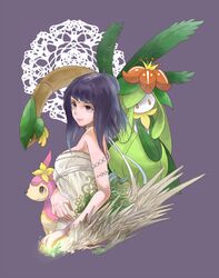  1girl bad_id black_hair deerling inari_ina_(ayn0304) lilligant manamia manamia_(the_last_story) pokemon pokemon_(creature) pokemon_(game) pokemon_black_and_white pokemon_bw the_last_story tropius 