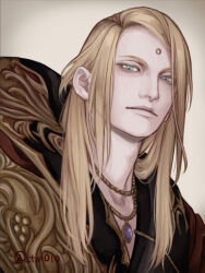  1boy blonde_hair blue_eyes coat final_fantasy final_fantasy_xiv forehead_jewel garlean gold_trim highres jewelry long_hair looking_at_viewer male_focus necklace sidelocks simple_background solo third_eye toto_(to1010) upper_body zenos_yae_galvus 