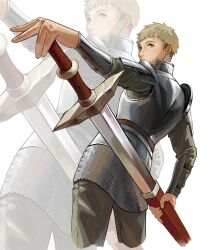  1boy absurdres armor blonde_hair brown_pants ch1ckpyo chainmail commentary_request cropped_legs cuirass dungeon_meshi green_shirt highres holding holding_sheath holding_sword holding_weapon laios_touden looking_to_the_side male_focus pants pauldrons plate_armor sheath sheathing shirt short_hair shoulder_armor simple_background solo sword undercut vambraces weapon white_background yellow_eyes zoom_layer 