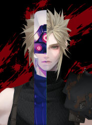  1boy armor blonde_hair blue_eyes closed_mouth cloud_strife final_fantasy final_fantasy_vii helmet highres lips looking_at_viewer male_focus ribbed_sweater s_sohwagi_s shinra_infantry_uniform short_hair shoulder_armor single_bare_shoulder sleeveless sleeveless_turtleneck solo spiky_hair straight-on sweater turtleneck turtleneck_sweater upper_body 