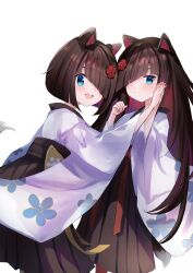  2girls :< :d absurdres animal_ears ban_(page_of_lambda) blue_eyes blush bob_cut brown_skirt closed_mouth colored_inner_hair commentary_request diagonal_bangs dog_ears dog_girl dog_tail floral_print floral_print_kimono flower furisode hair_flower hair_ornament hair_over_one_eye hands_up high-waist_skirt highres holding_hands interlocked_fingers japanese_clothes ken_(page_of_lambda) kimono long_hair long_sleeves looking_at_viewer matching_outfits medium_hair medium_skirt multicolored_hair multiple_girls n3knp nijisanji open_mouth page_of_lambda palms_together pleated_skirt print_kimono red_flower red_hair red_ribbon ribbon siblings simple_background skirt smile tail twins two-tone_hair very_long_hair white_background white_kimono yellow_ribbon 