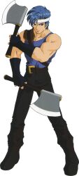  1boy axe barst_(fire_emblem) belt black_gloves black_pants blue_eyes blue_hair blue_tank_top brown_belt dual_wielding fingerless_gloves fire_emblem fire_emblem:_mystery_of_the_emblem full_body gloves headband highres holding holding_axe koya_katsuyoshi looking_to_the_side muscular muscular_male official_art pants solo tank_top transparent_background white_headband 