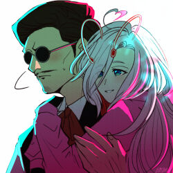  1boy 1girl adam's_apple ahoge antennae art_trade azaziel00 beard_stubble black_gloves black_hair blue_eyes bow bowtie collar colored_eyebrows colored_tips comb_over commissioner_insert couple covered_eyes facial_hair fen_(maha_no_hanashi) fingerless_gloves fluffy_hair gloves hand_on_another's_arm heart heart_ahoge hetero highres hug hug_from_behind light_blush light_smile long_hair maha_no_hanashi medium_sideburns multicolored_hair mustache nervous_sweating oc_x_canon original parted_bangs pencil_mustache pink_hair pink_sweater red_bow red_bowtie red_hair round_eyewear short_hair side_part sideburns sigh signature simple_background stubble suit sunglasses sweat sweatdrop sweater white_background white_collar 