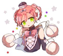  1girl blue_gem bluebell_candy bow braid butter_run commentary_request dot_nose earrings elbow_gloves gem gloves green_eyes hair_ornament hat highres jewelry magical_girl mahou_shoujo_ikusei_keikaku mahou_shoujo_ikusei_keikaku_aces pink_bow pink_hair short_hair single_elbow_glove tongue 