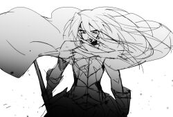 1boy anpolly armor blood blood_on_face breastplate commentary_request cowboy_shot earrings floating_cape gauntlets greyscale hair_between_eyes holding holding_weapon jewelry long_hair looking_at_viewer male_focus monochrome narrowed_eyes open_mouth sekaiju_no_meikyuu sekaiju_no_meikyuu_3 simple_background sketch solo sovereign_(sekaiju) sovereign_3_(sekaiju) standing v-shaped_eyebrows weapon white_background 