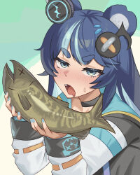  1girl absurdres animal animal_ears aqua_background arms_up bear_ears black_choker black_jacket blue_eyes blue_hair blue_nails blush choker colored_inner_hair commentary drooling embarrassed english_commentary fang feral_instincts fish fish_(food) fujikura_uruka fujikura_uruka_(1st_costume) gerumani555 hair_ornament hairclip half-closed_eyes highres holding holding_animal holding_fish hood hooded_jacket jacket jitome long_hair long_sleeves looking_at_viewer mouth_drool multicolored_hair multicolored_jacket musical_note musical_note_hair_ornament nail_polish narrowed_eyes nose_blush open_mouth parallel_hairclips phase_connect simple_background solo streaked_hair sweatdrop thick_eyebrows two-tone_background two-tone_hair upper_body v-shaped_eyebrows virtual_youtuber white_background x_x 
