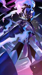  1other arm_blade armor blade_arm bright_pupils ceruledge eye_trail fire helmet highres light_trail pokemon pokemon_(creature) pokemon_focus purple_armor purple_fire purple_helmet solo sword violet_eyes weapon yasaikakiage 