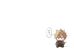  1boy bakugou_katsuki black_pants boku_no_hero_academia chibi commentary dkyoudai gloves green_gloves hair_between_eyes hands_up invisible_floor knee_pads male_focus multicolored_gloves open_mouth orange_gloves pants short_hair simple_background solo speech_bubble spiky_hair standing talking translation_request twitter_username two-sided_gloves two-tone_gloves white_background wide_shot 