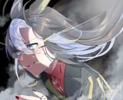  1girl ahoge animal_ears black_coat blue_eyes blush brown_hair coat collared_shirt dream_journey_(reminder_of_dreamland)_(umamusume) dream_journey_(umamusume) eyewear_strap glasses hair_between_eyes highres horse_ears horse_girl long_hair long_sleeves multicolored_hair open_mouth red_nails red_shirt running semikoron1082 shirt smile solo sweat umamusume upper_body white_hair 