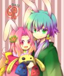  animal_ears arietta bunny_ears couple flower gradient_hair green_eyes green_hair hair_flower hair_ornament hakama happy ion japanese_clothes ms. multicolored_hair orange_hair payot pink_eyes pink_hair purple_hair smile stuffed_toy tales_of_(series) tales_of_the_abyss 