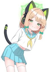 1girl absurdres animal_ear_headphones animal_ears arms_behind_back blonde_hair blue_archive blue_skirt blush bow breasts cat_ear_headphones cat_ears cat_tail commentary_request fake_animal_ears fake_tail green_bow green_eyes green_halo hair_bow halo headphones highres leaning_forward looking_at_viewer midori_(blue_archive) school_uniform serafuku si_kishi skirt small_breasts smile standing tail thigh-highs white_background white_thighhighs 