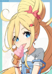  1girl blonde_hair blue_border blue_eyes blush border bow ecjhonny89 food hair_bow hair_ornament hairclip heart heart_hair_ornament highres ice_cream loli long_hair looking_at_viewer popsicle re:zero_kara_hajimeru_isekai_seikatsu rui_arneb shirt simple_background solo tongue tongue_out upper_body white_background white_shirt 